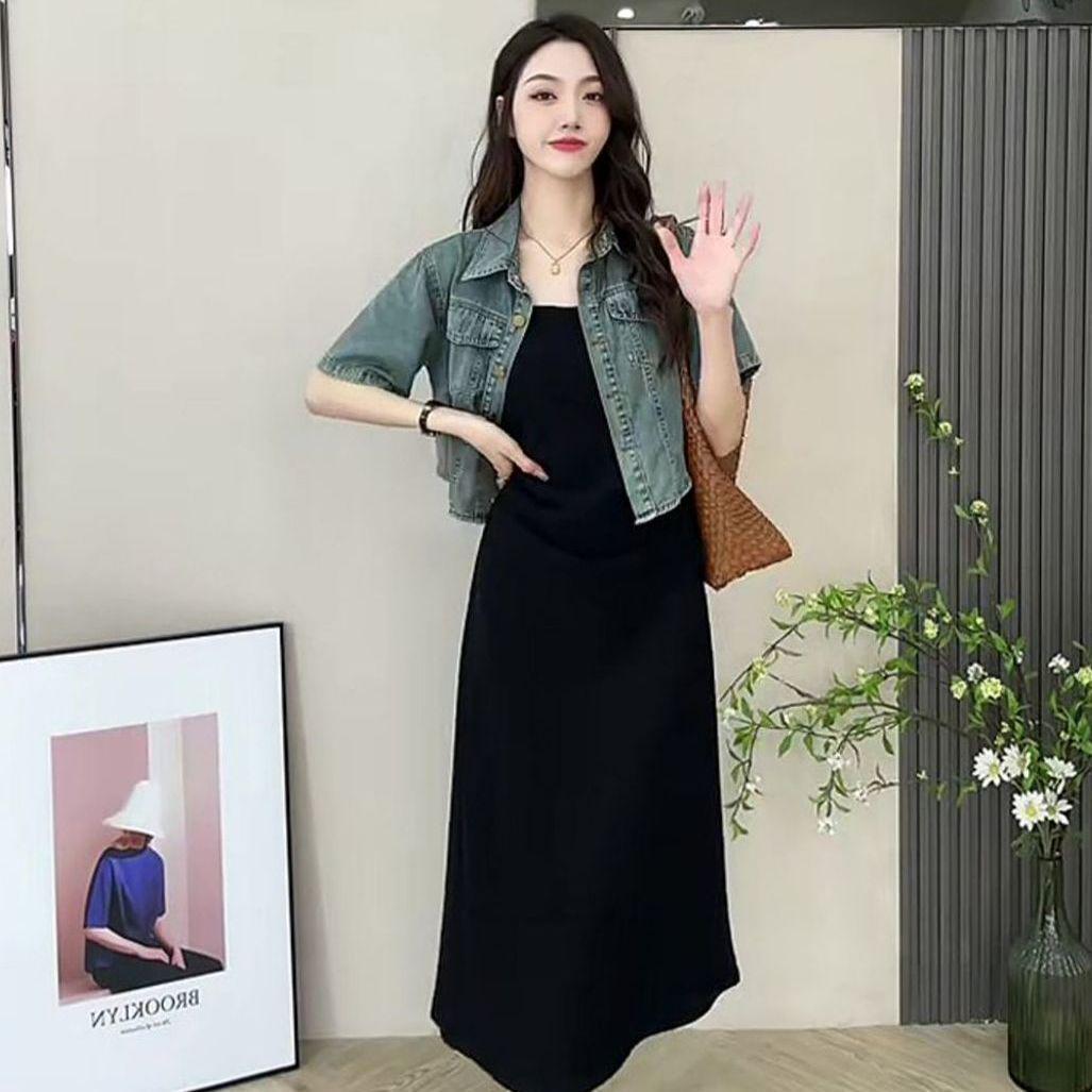 

Women s Retro Casual Two-Piece Set: Short Sleeve Denim Jacket & Camisole Dress - New Korean Style Summer 2026 S (90-105 lbs)