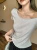 Korean hottie sexy diagonal neck off-the-shoulder striped short-sleeved T-shirt women's new summer ootd wear super good-looking top