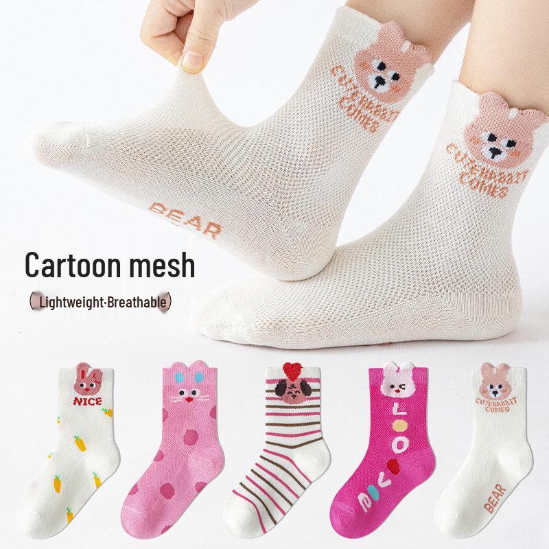 Spring Summer Girls' Breathable Cartoon Mid-Calf Cotton Mesh Socks