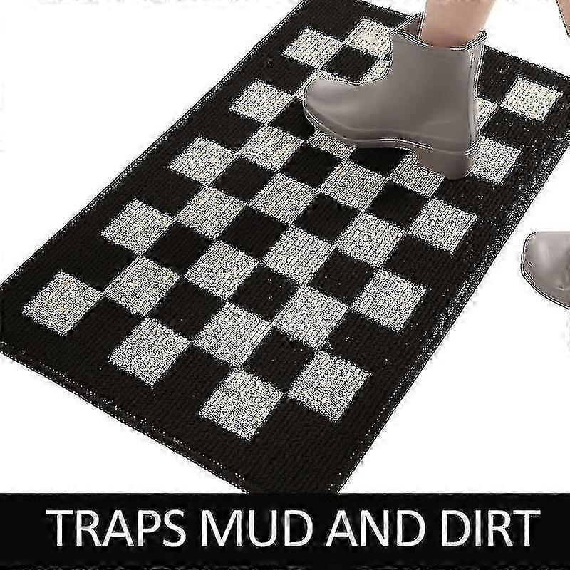 Innentürvorleger Teppich für Haustür, 50cm x 80cm Rutschfest Waschbar Kariert Saugfähig Eingangsteppich, Schwarz