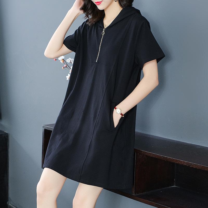 2025 Summer Casual Hooded Dress - Short Sleeve Sporty Loose Fit Plus Size Women's Clothing