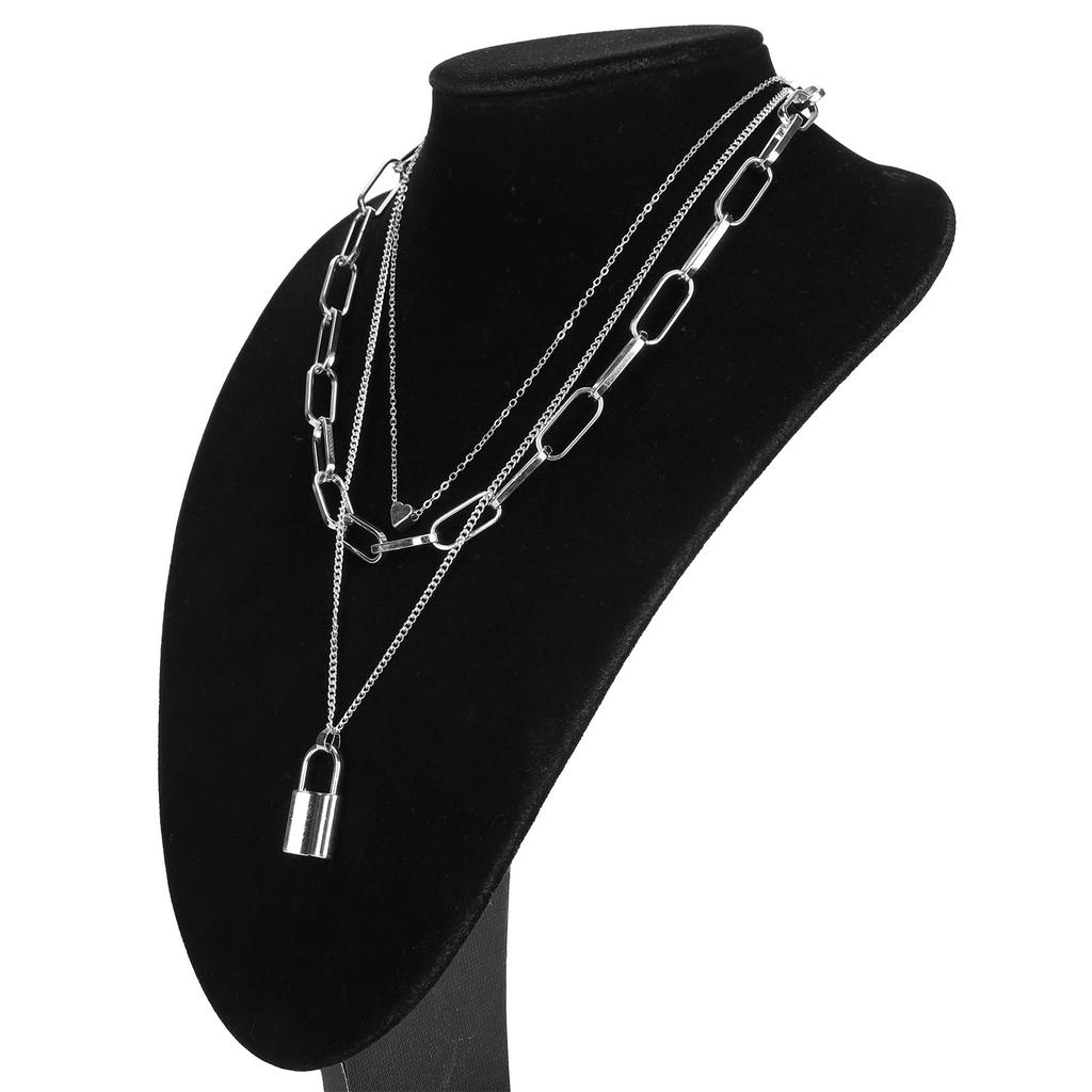 Women Simple Layered Necklace Lock Heart Shaped Pendant Necklace Jewelry Accessory(White K )