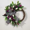 Tulip Wreath for Front Door Spring Artificial Tulip Rattan Wreath with Green Leaves And Plaid Bow for Farmhouse Wall Window Easter Home Decor