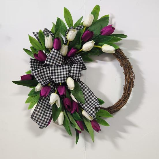 Tulip Wreath for Front Door Spring Artificial Tulip Rattan Wreath with Green Leaves And Plaid Bow for Farmhouse Wall Window Easter Home Decor