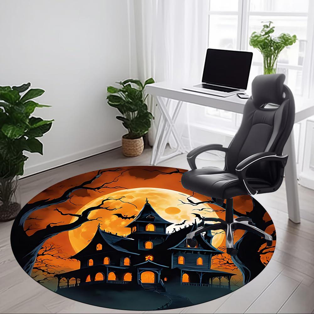 1pc Haunted House Moonlit Night Office Round Area Rug, Under Office Chairs Bedroom Living Room Home Decor, Room Deco, Available in Various Sizes