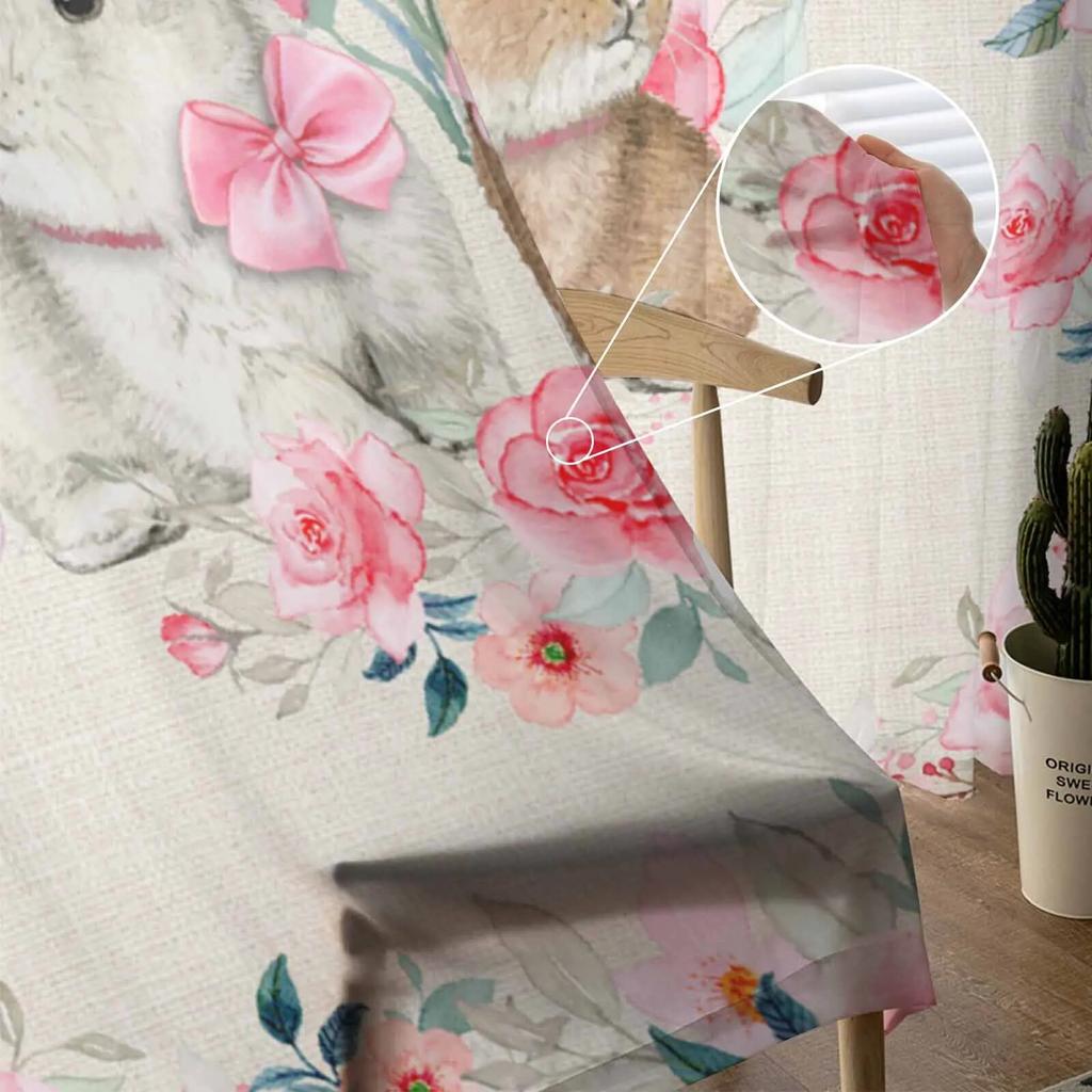 Velikonoční Retro Králík Květinové Kostkované Tylé Závěsy do Obývacího Pokoj Prosvítací Závěs do Ložnice Kuchyňské Žaluzie Voálové Závěsy