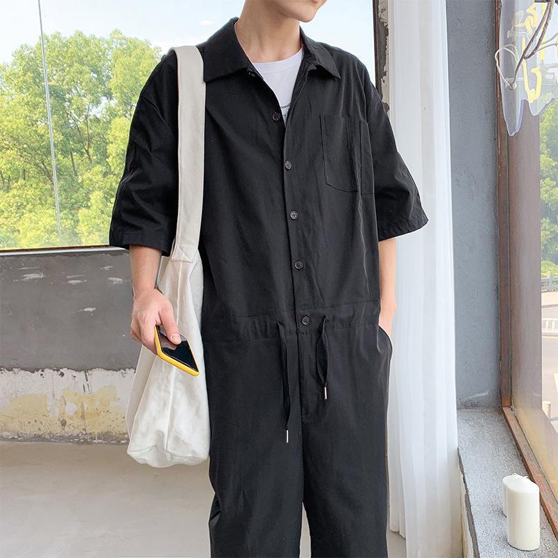 Men's Overalls Jumpsuits Summer Fashion Casual Nine Point Cargo Pants Japanese Retro Male Clothes Couple Loose Solid Color Suit