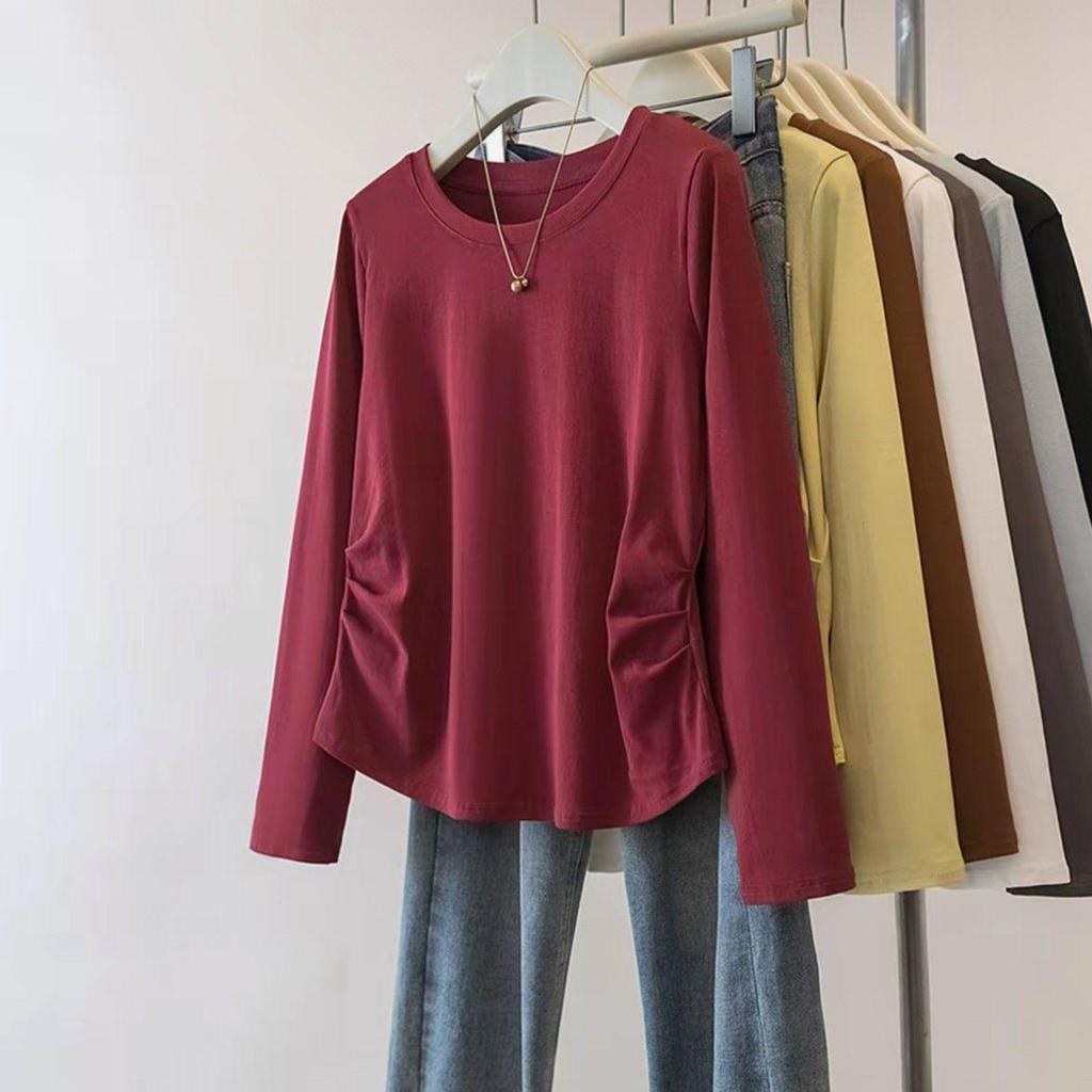 2025 Autumn Pure Cotton Pleated Long Sleeve Korean Style Plus Size Slimming Top