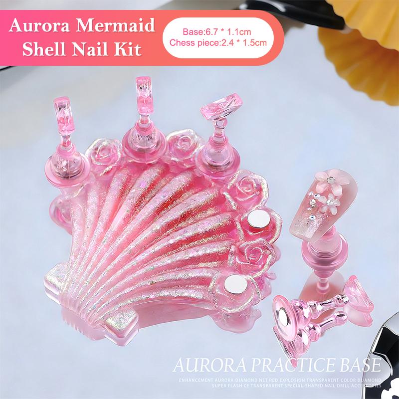 1Set Mermaid Shells Laser Aurora Ice Penetration Magnetic Nail Holder False Tips Practice Stand Nail Art Display Salon Diy Tools