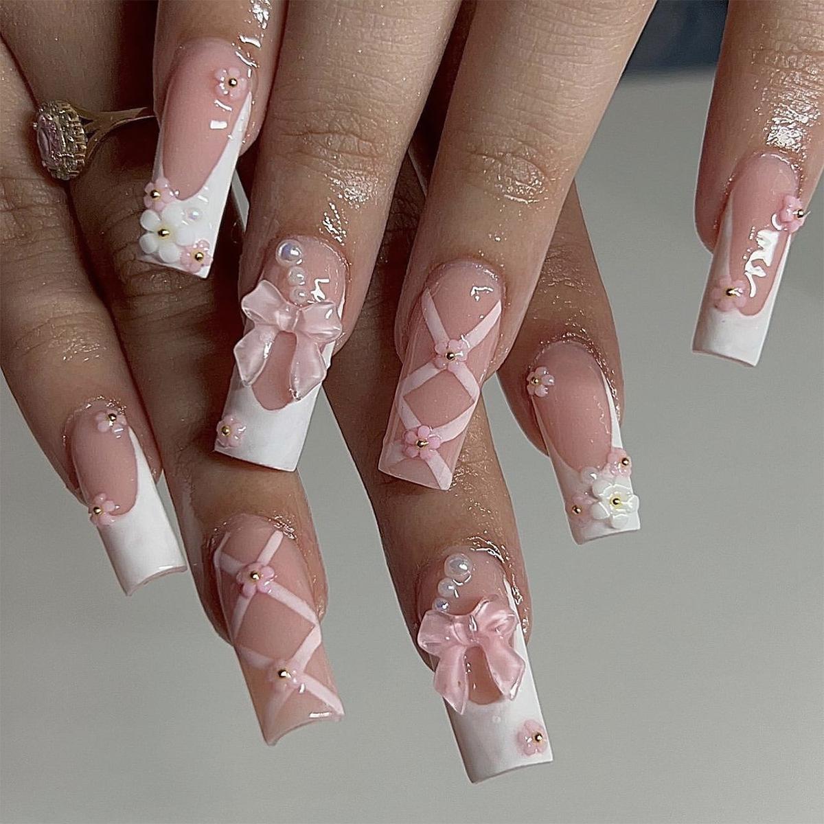 

Cute Pink Bow Nail Tips with Flower Stickers, Medium Long Press-On Nails