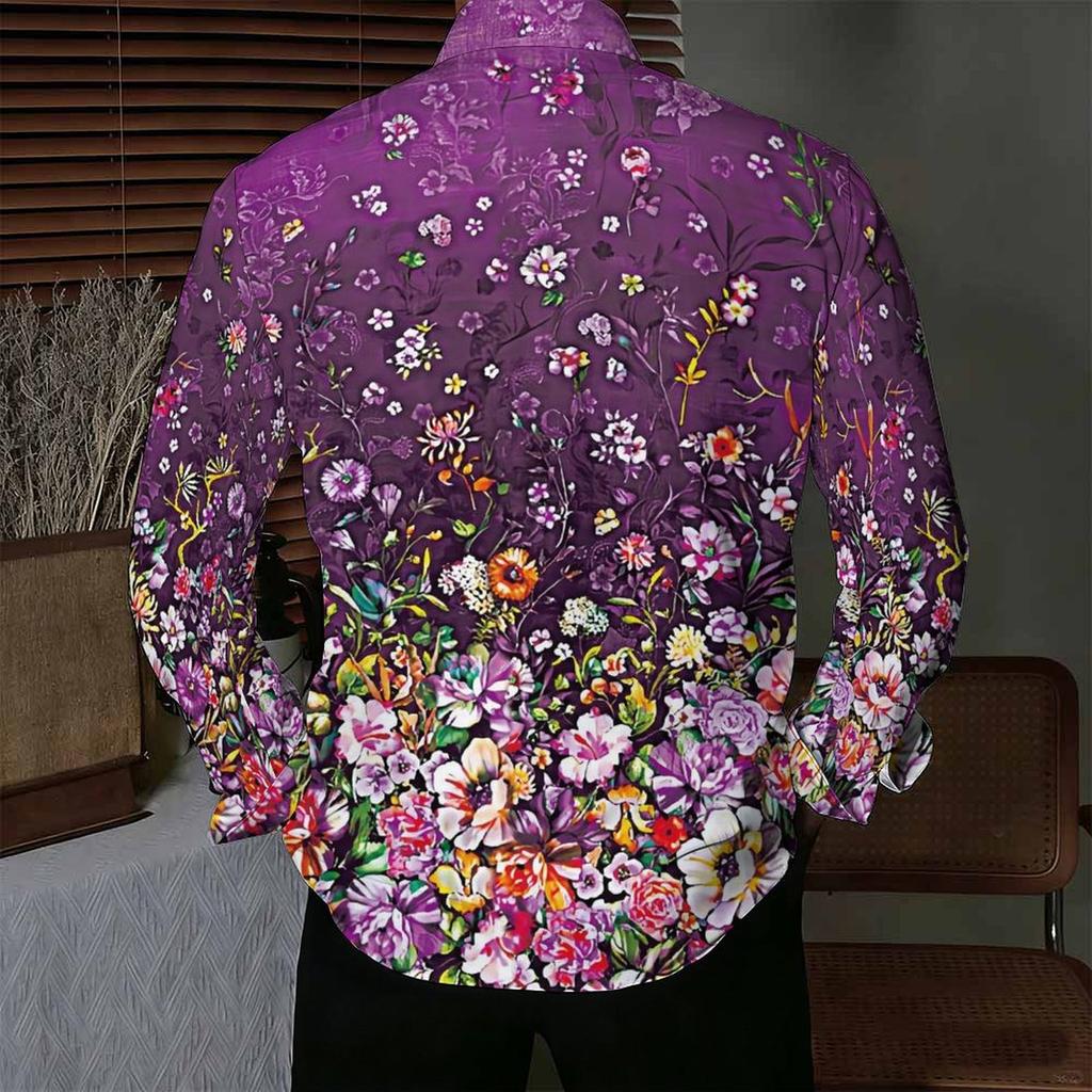 Chemise pour homme à col Base violette Imprimé floral mélangé coloré Manches longues Boutonnée Haut