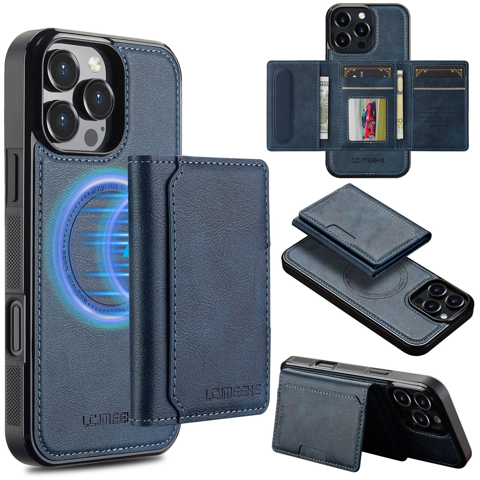 

For iPhone 16 Pro Magnetic Phone Case Leather Back Cover with Detachable Card Holder Blue