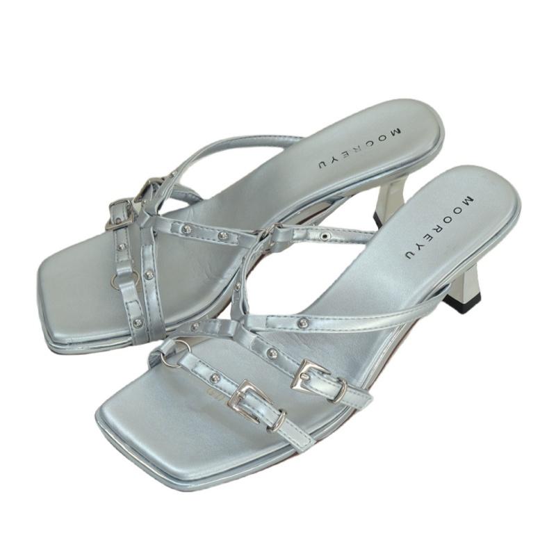 Fashion Women Slippers 2025 Summer Fashion Narrow Band Square Toe Women Sandals High Quality Elegant Thin Heels Party Slide Slippers