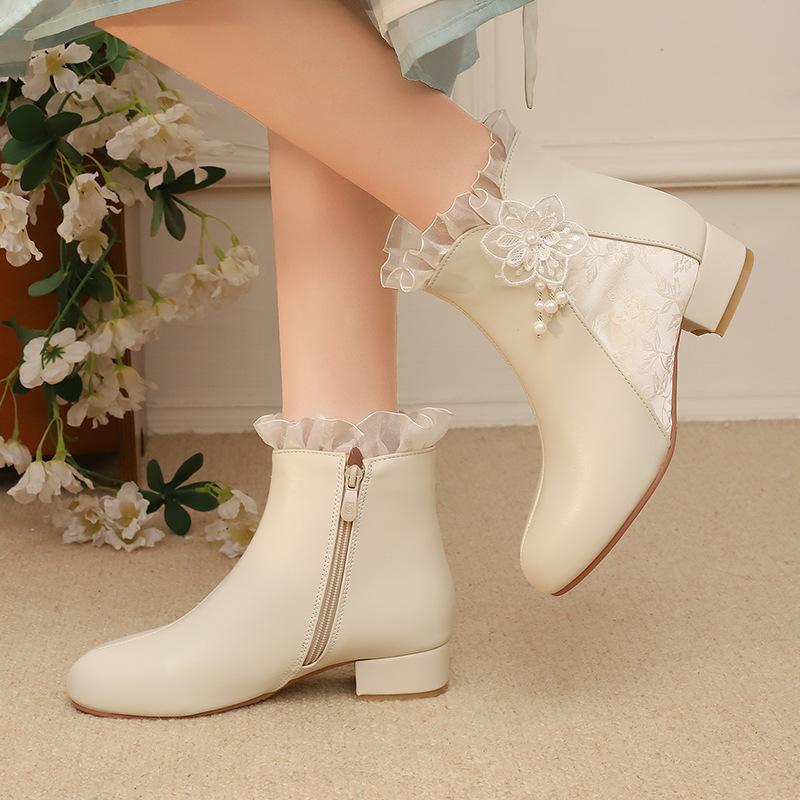 25 Sweet Lace Flower Beaded Lolita Short Boots Cheongsam Hanfu National Style Women'S Boots Older Children'S Middle Children'S Boots