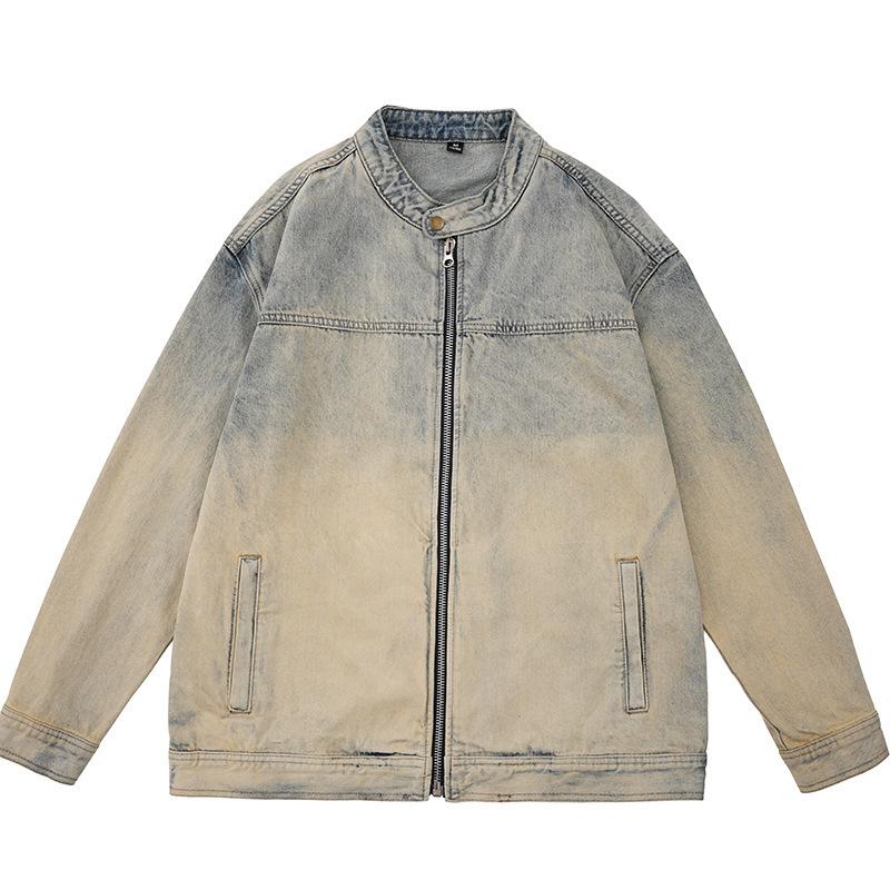 Spring Casual Gradual Change Color Denim Jacket Men'S Stand-Up Collar Slightly Wide American Trend Retro Denim Jacket