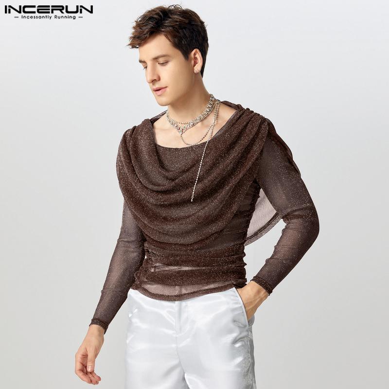 INCERUN Herren Swing Kragen Langarm Rüschen Schichten Glitter Mesh Party Clubwear Tops T-shirts