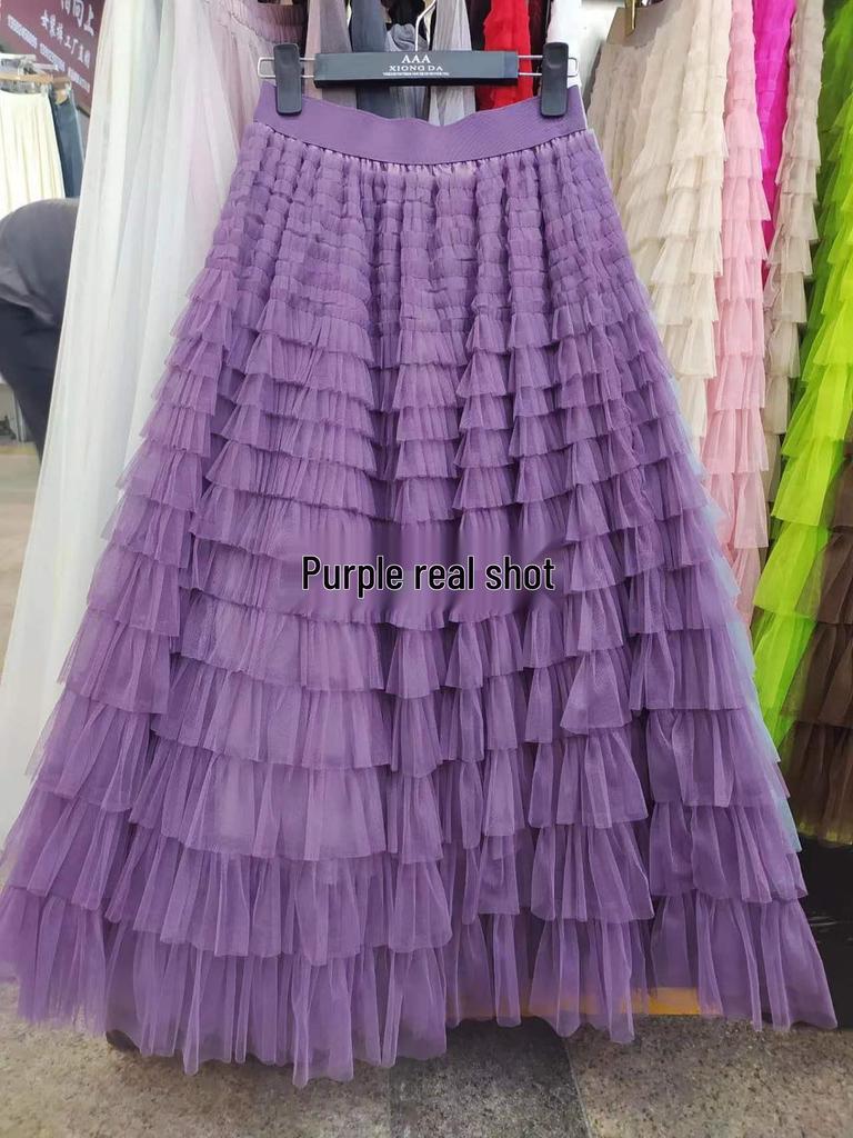 Women's Cross-Border Ruffle Mesh Midi Cake Skirt - Socialite Slimming Style