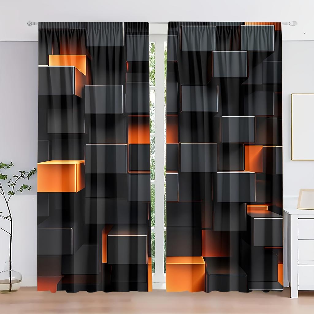 Rideaux filtrant la lumière en polyester 2 pièces Rideaux filtrant la lumière en polyester - Échecs noir et orange numériques haute définition
