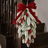 Winter Holiday Home Decor Flocked Christmas Teardrop Swag for Front Door, Artificial Pine with Red Wreaths Berries Velvet Bow, Snowy Hanging