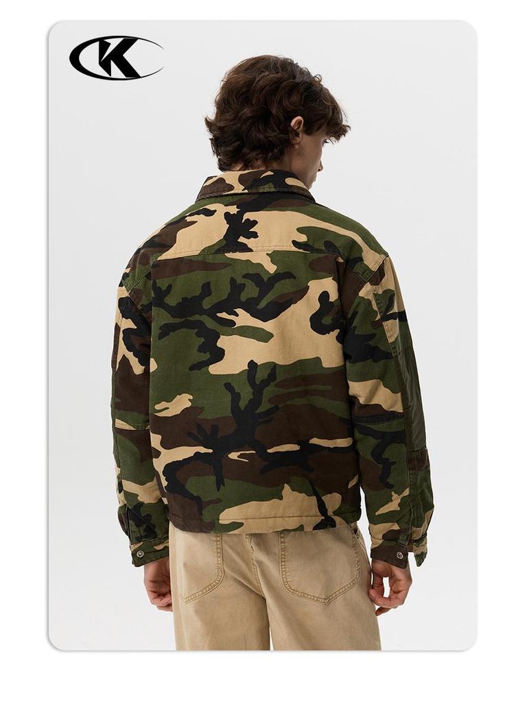 11KN Unisex Retro Camouflage Military Workwear Jacket: Slimming, Short, Wide Shoulder, Loose Fit Streetwear.