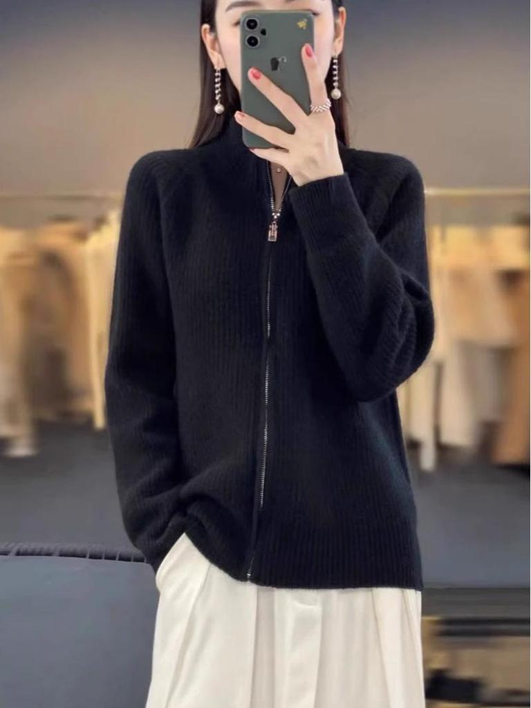 Dámský silný pletený kardigan na zip - Volný, ležérní styl, univerzální svetr z umělé vlny