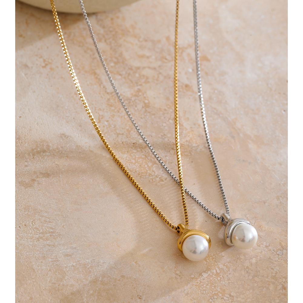 Yhpup Stainless Steel High Quality Korean Style Simulated Pearls Round Pendant Necklace for Women Trendy Cast Jewelry Wholesale