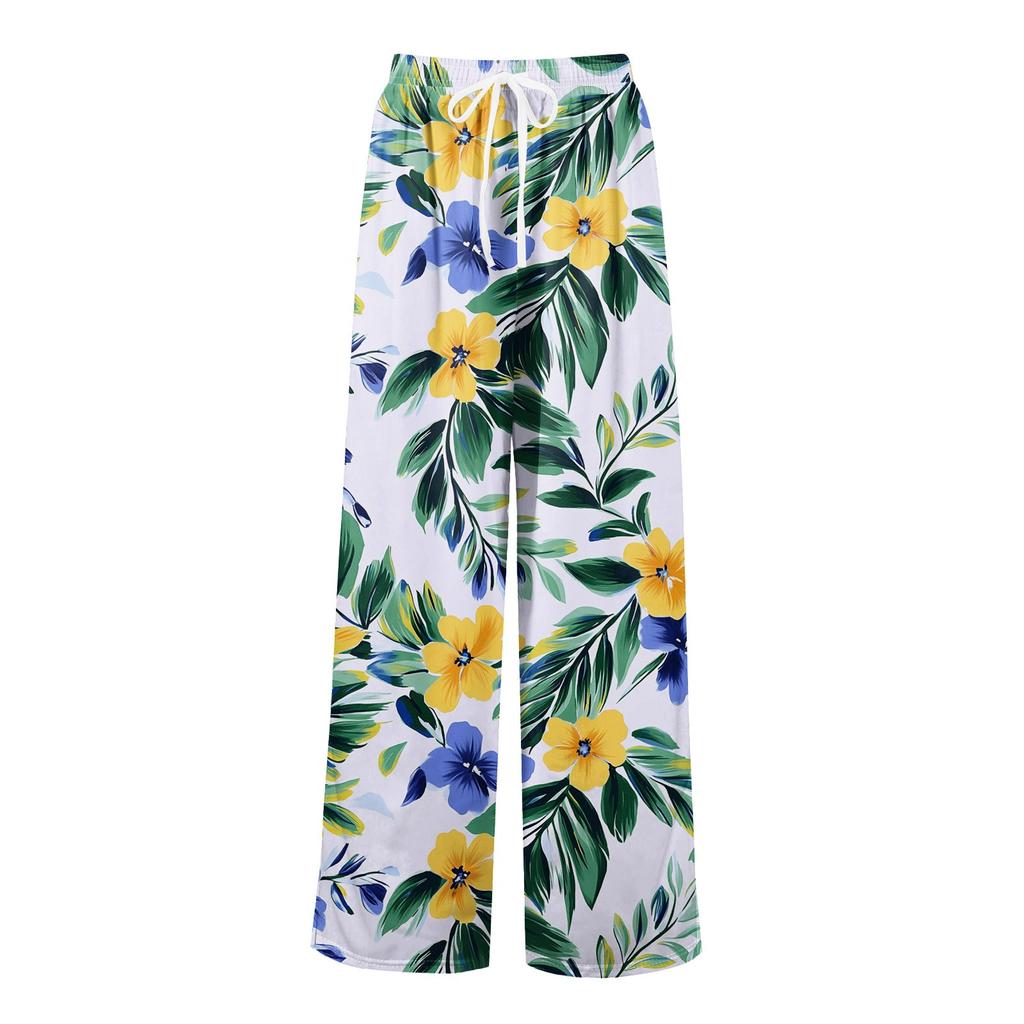 Women's Loose Casual Floral Print Wide Leg Pants With Elastic Waist Drawstring And Pocket Pants
