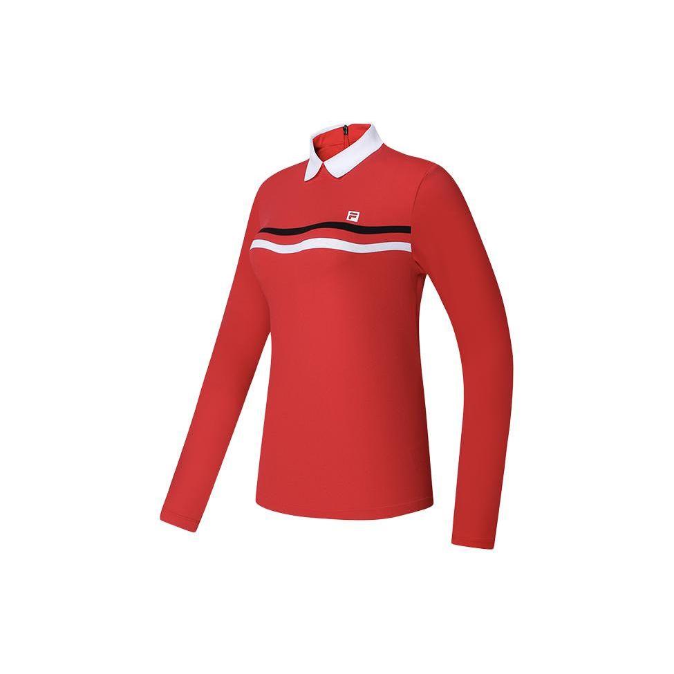 FILA Golf Series Color Block Knit Long Sleeve Polo Shirt Women tops Fluorescent-Flame-Red A11W410211FRD