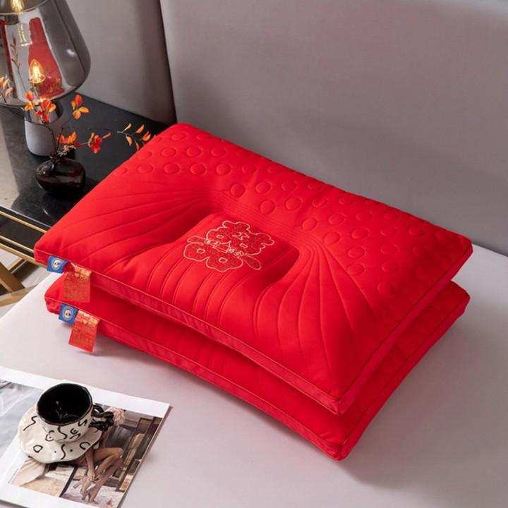 Embroidered Red Wedding Pillow - All-Cotton Feather Velvet for Newlywed Celebration