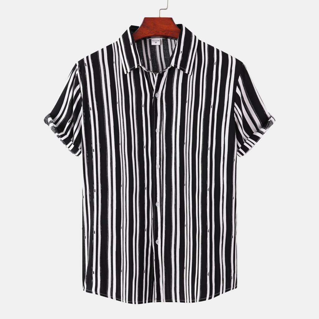 Camisa Casual de Verano para Hombre de Manga Corta Holgada a Rayas Tops con Solapa Abotonada para Adolescentes