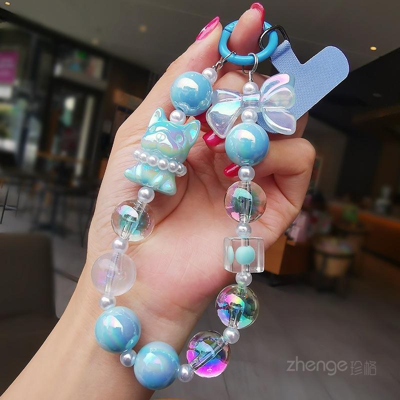 Pearl dog colorful round bead bracelet women's ins simple fashion small fresh mobile phone lanyard lanyard short wrist
