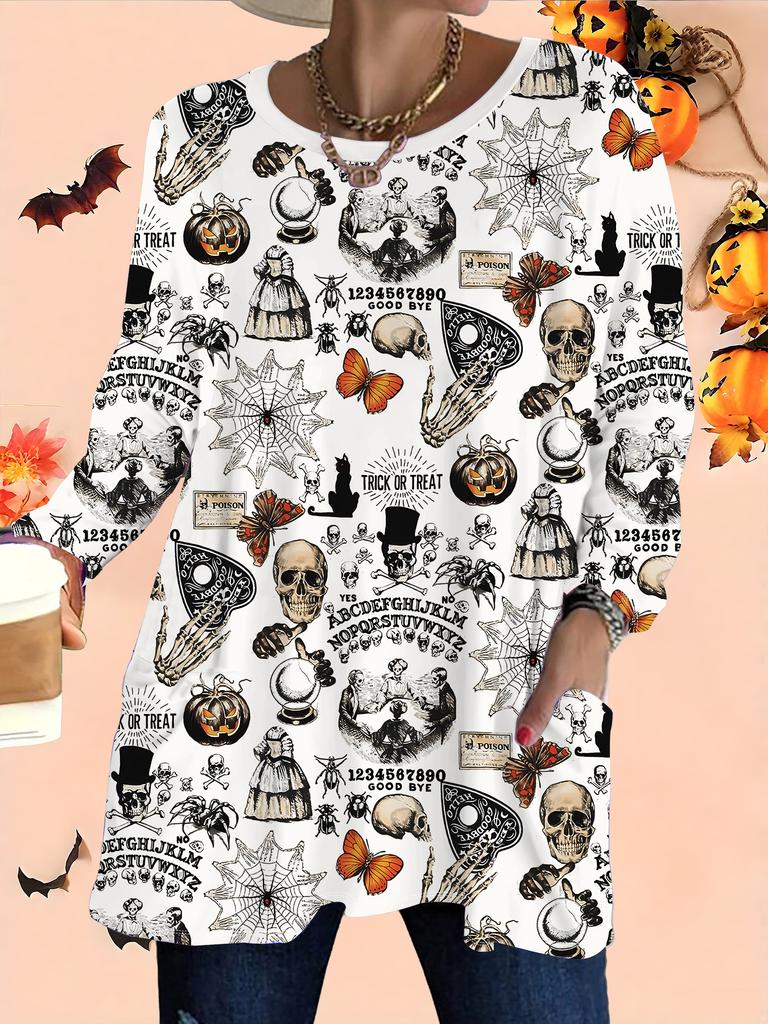 2025 Autumn Winter New Plus Size Women's Tops, Halloween 3D Print Fashion Crew Neck Long Sleeve T-Shirts