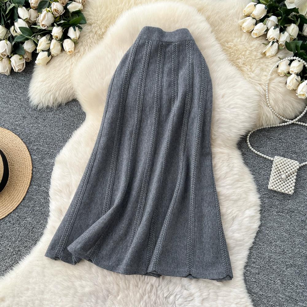 Autumn Winter Women Casual Twist Knitted Elastic High Waist Long Midi Skirt