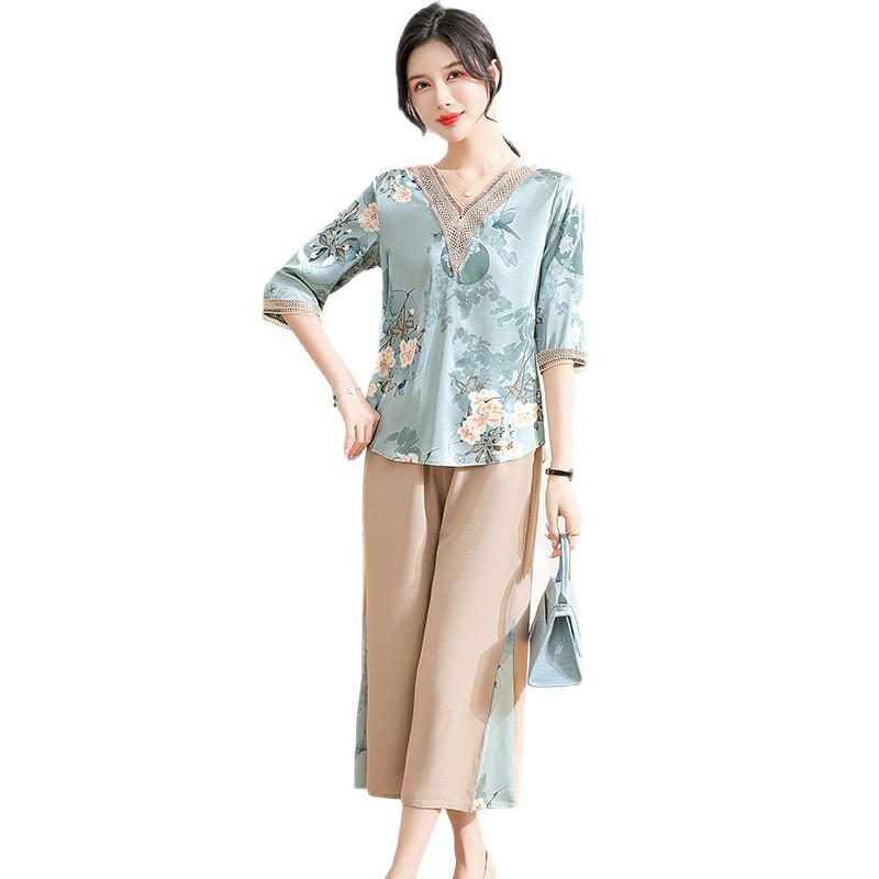2026 Summer Chiffon Top Set for Stylish Middle-Aged and Elderly Mothers (Short/Mid-Sleeve)