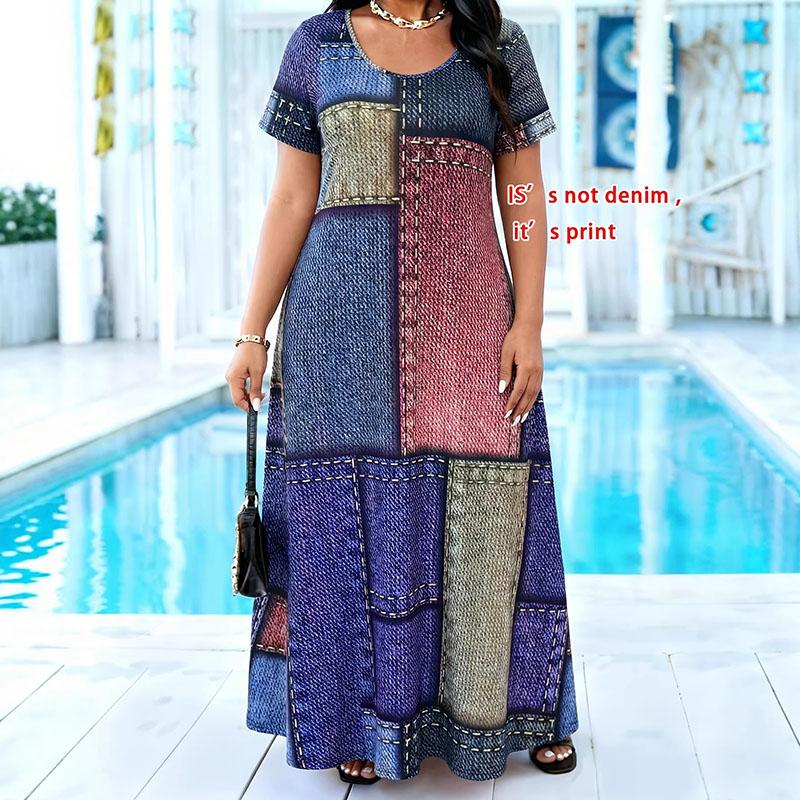 Plus Size Casual Dress – Crew Neck Short Sleeve Faux Denim Patchwork Loose Relaxed Fit 1XL