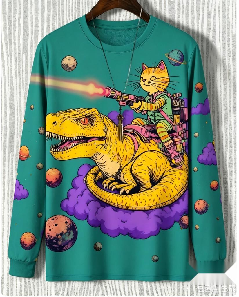 Men's 3D Print Long Sleeve T-Shirt, Astronaut Cat Riding Dinosaur Space Galaxy Graphic Casual Round Neck Long Sleeve Tops