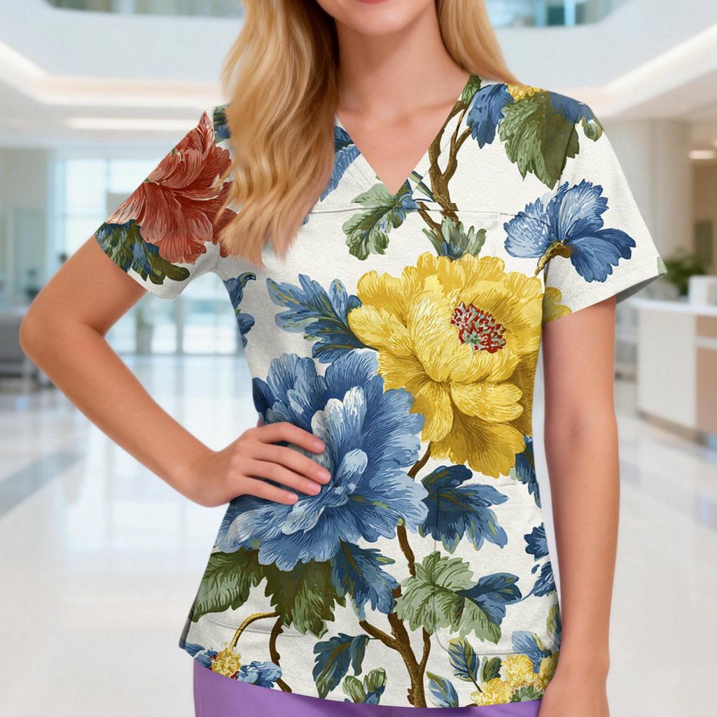 Damen V-Ausschnitt Drei-Taschen Kurzarm Retro-Print Uniform/Pflegekraft Oberteil Mit Schlitzen Am Saum