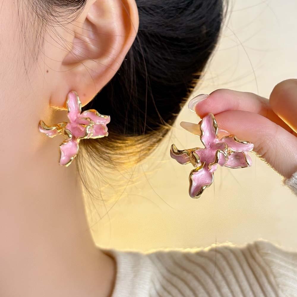 1 pair Zinc Zinc Alloy Enamel Iris Earrings Luxury Metal Flower Ear Studs Golden and Silver Earrings  Holiday