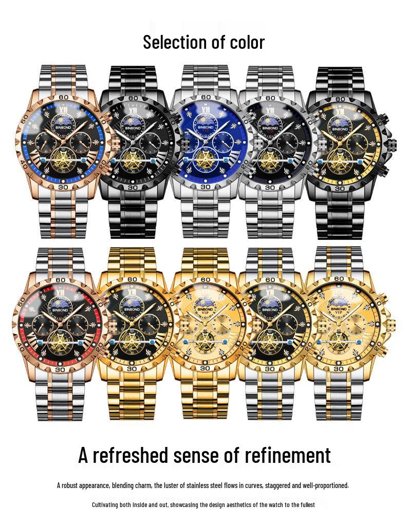 Binbang BINBOND Men's Luminous Waterproof Quartz Flywheel Watch - Genuine Business and Student Style, High-End Design.