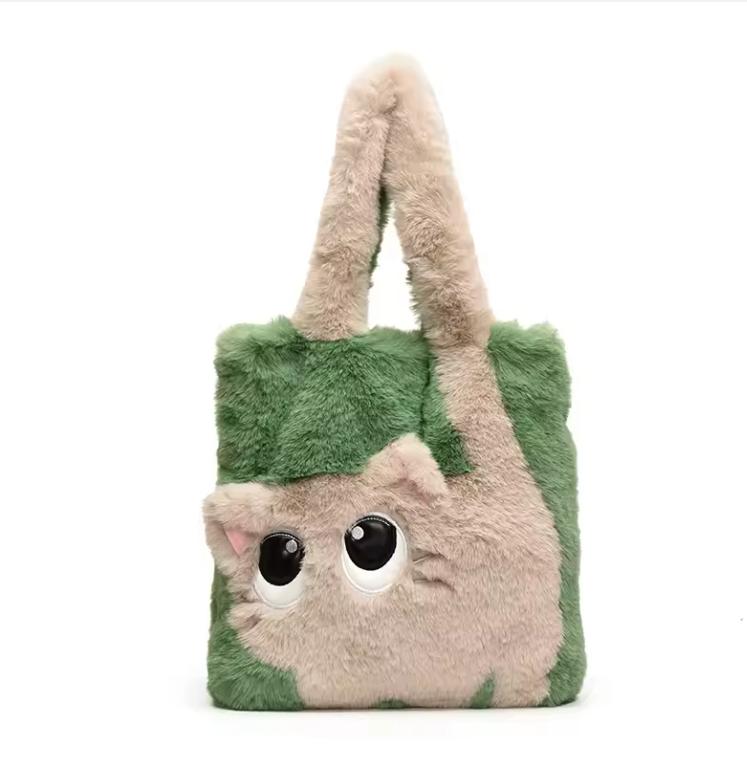 Creative Cartoon Cat Women's Plush Bag Large Capacity Embroidery Tote Bag Simple Fashion Soft Shoulder Bag for Autumn Winter