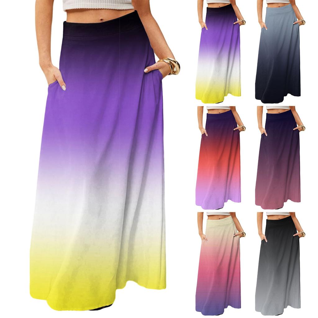 Women's Casual Leisure Foldable Gradient Print High Waist With Pocket Draped  Relaxed Long Maxi Skirt