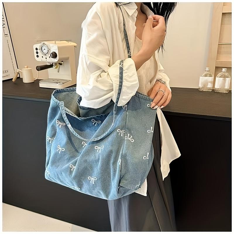 Women's Denim Tote Bag with Bow Detail Multifunctional Shoulder Backpack Hand Washable No Edge Paint