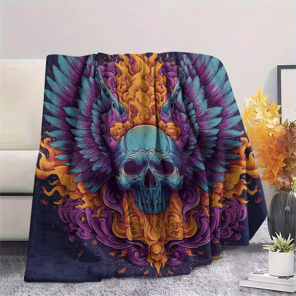 Winged Skull Print Flannel Blanket, High Quality Comfortable for All Seasons, Home Decor, Warmth and Comfort