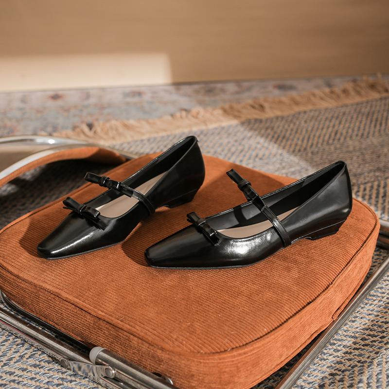 Fashion Bow Sweet Niche Design Classic Women's Small Square Head Thick Heel Flat Comfortable Single Shoes Women