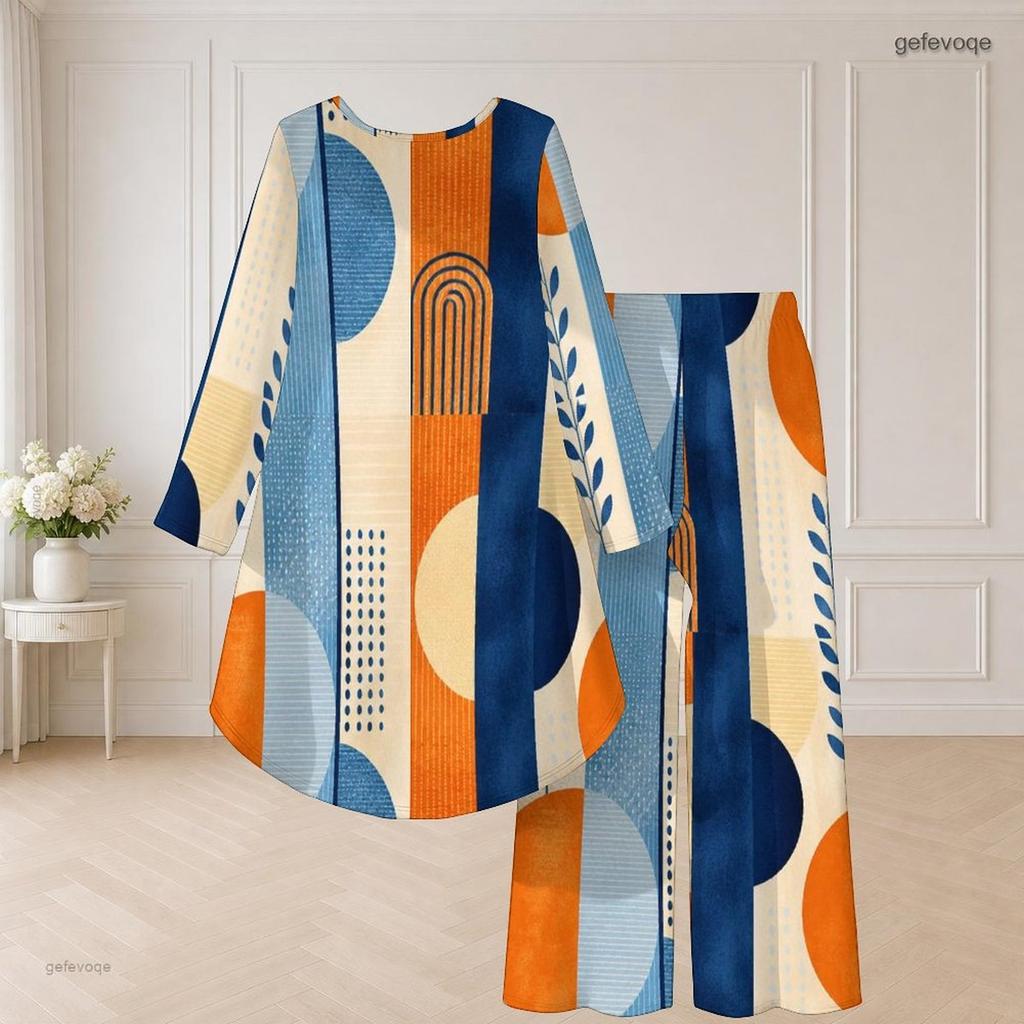 Women Plus Size Two Piece Set Round Neck Long Sleeve Plaid Printed Orange High Low Top Wide Leg Pants