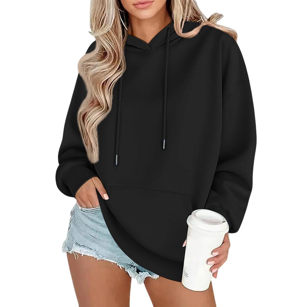 Women's Fashion Oversized Drop-Shoulder Long-Sleeved Sweatshirt Solid-Colour Hooded Sweatshirt