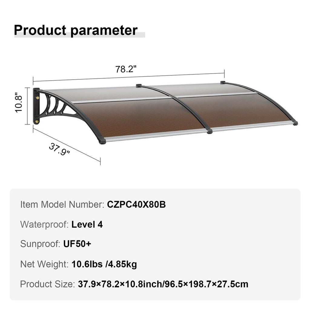 Window Door Awning Canopy 80" X 40", UPF 50+ Polycarbonate Entry Door Outdoor Window Awning Exterior, Front Door Overhang Awning for Sun Shutter, UV,