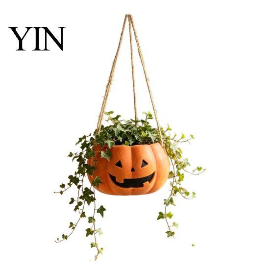 Versatile Tabletop Plant Vessel Pumpkin Shaped Hanging Pot, 4.3 Inch Lightweight Resin Flower Adjustable Decorative Container Rope Mini Pots
