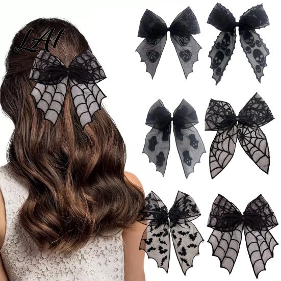 Mesh Bow Hair Clip Halloween Bat Spring Clips Black White Lace Spider Web Moderate Clamping Force Barrettes Gothic Dark Style for Women Cosplay