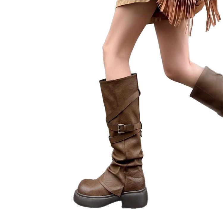 Yueyu Wasteland Wind Brown Maillard High Heel Platform Knight Boots Women's Long Boots Martin Boots Wrinkled Tall Boots